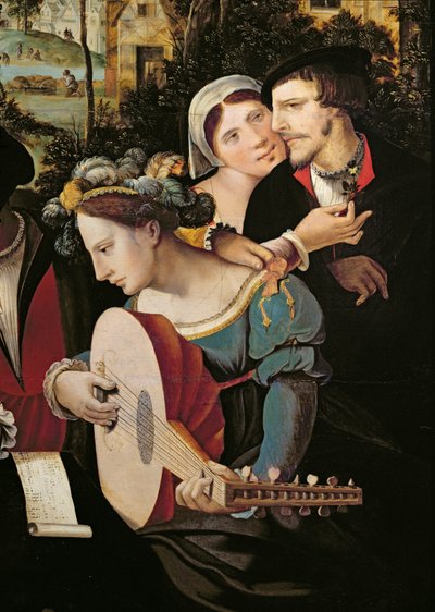Escena Galante en las Puertas de París, detalle de una pareja y un laudista (detalle) de Flemish School